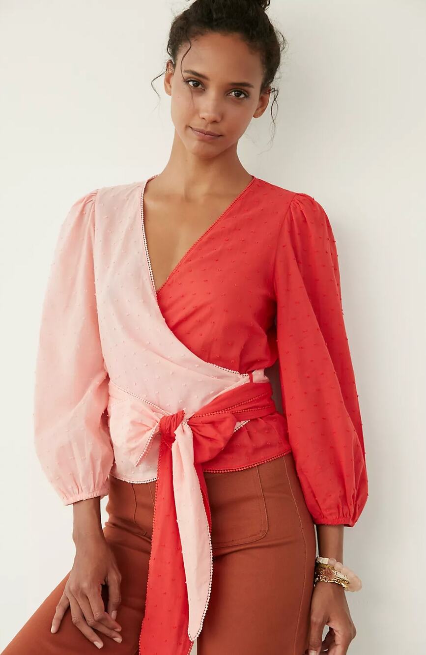 Farm Rio Red Pink Colorblock Two Toned Swiss Dot Wrap Top Blouse Size Large
